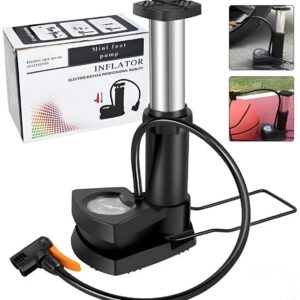 Portable mini foot air pump with a built-in pressure gauge.