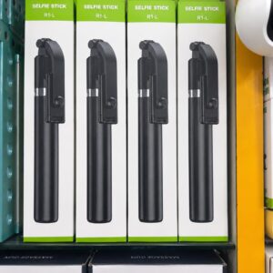 R1-L selfie sticks feature an integrated wireless Bluetooth remote and fold into a compact stand