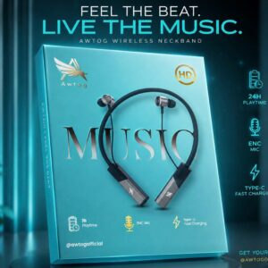 Awtog Wireless Neckband, an in-ear Bluetooth headset featuring an ENC (Environmental Noise Cancellation) microphone, Type-C fast charging, and up to 24 hours of playtime.